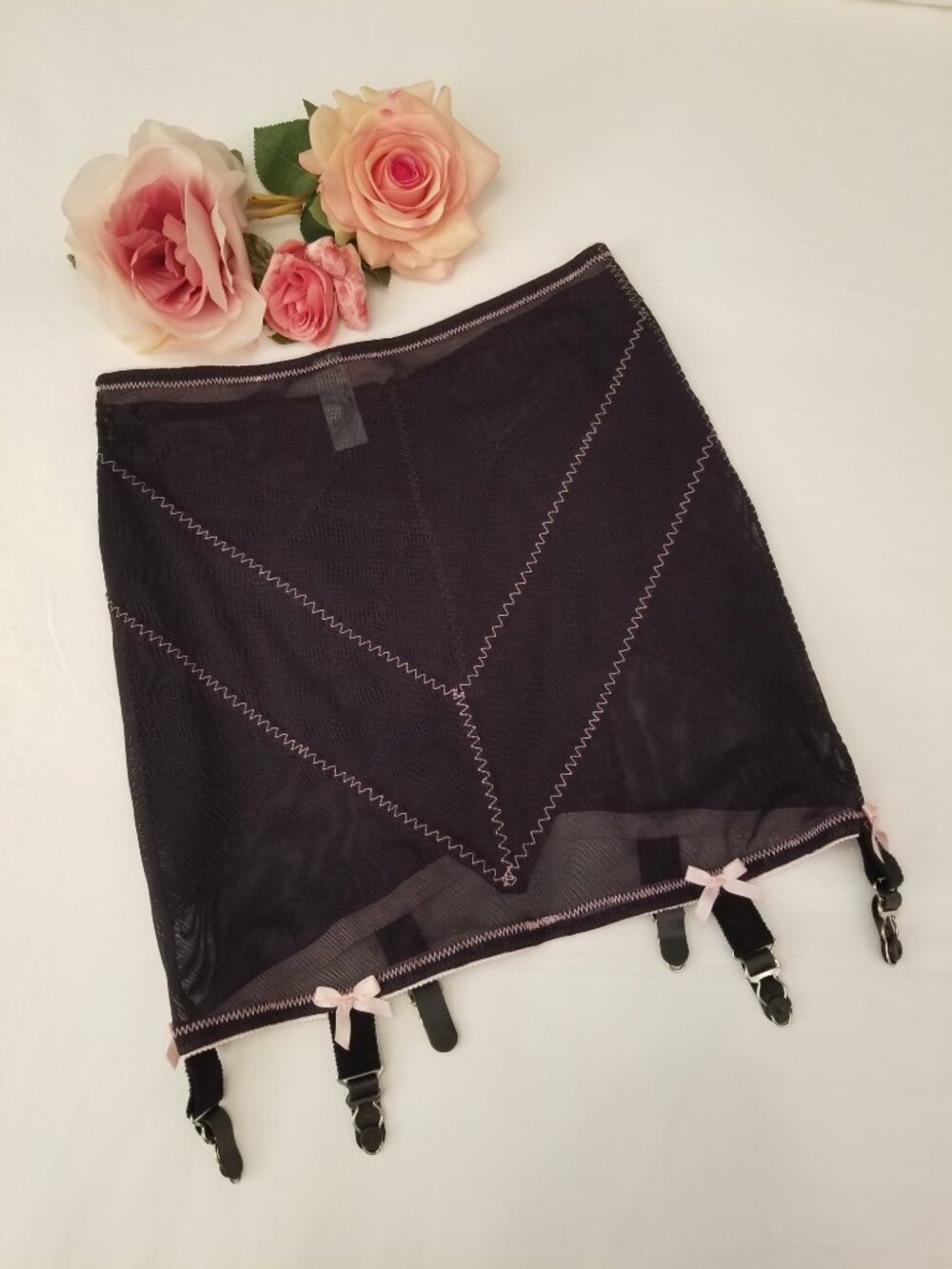 Vintage 1990's Deadstock RAGO Sheer Black w/Pink Open Bottom Girdle Garters M/28